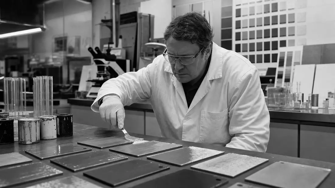 Schwarzweiß-Dokumentarfoto eines Wissenschaftlers im Beschichtungslabor bei Farbtests