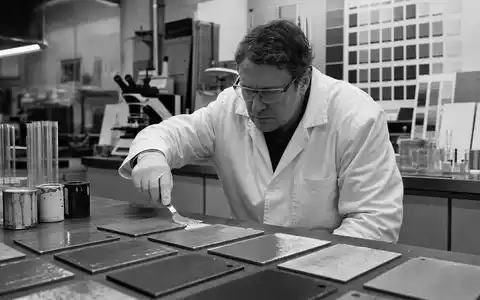 Schwarzweiß-Reportage aus Beschichtungslabor illustriert PPG Industries Inc. Forschung, verknüpft mit ISIN US6935061076, Aktienmotiv Chemie - Foto: THN