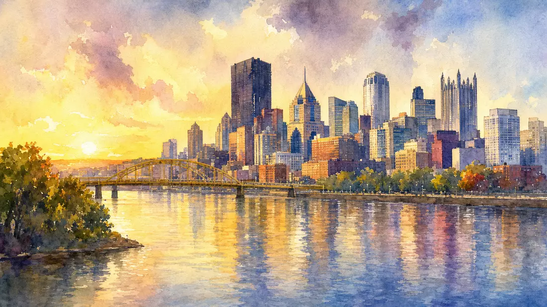 Aquarell der Pittsburgh Skyline am Fluss bei goldenem Sonnenuntergang