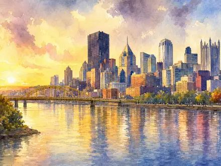 Aquarellgemälde der Pittsburgh Skyline symbolisiert PPG Industries Inc. Firmensitz, Aktienkennung ISIN US6935061076, malerische Stadtansicht Abend - Foto: THN