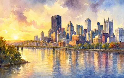 Aquarellgemälde der Pittsburgh Skyline symbolisiert PPG Industries Inc. Firmensitz, Aktienkennung ISIN US6935061076, malerische Stadtansicht Abend - Foto: THN