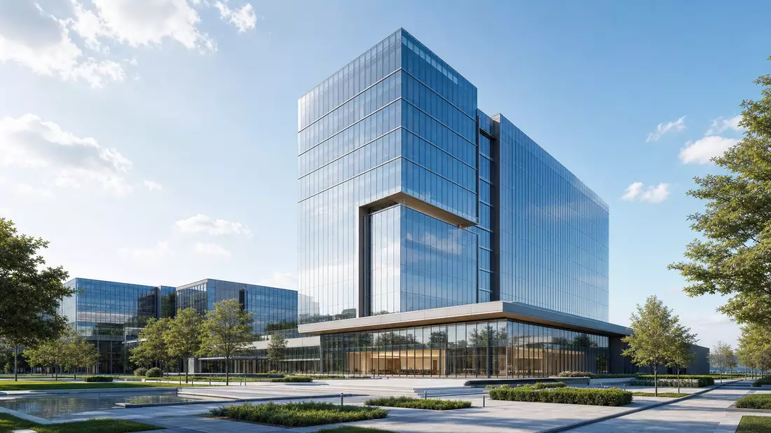Architektonischer Render eines modernen Glas-Hochhauses mit Landschaftsplatz
