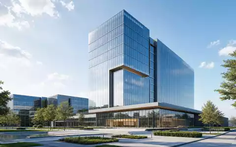 Architektur-Render eines modernen Glasturms repräsentiert PPG Industries Inc. Hauptsitz, Aktie ISIN US6935061076, zeitgenössische Firmenarchitektur - Foto: THN