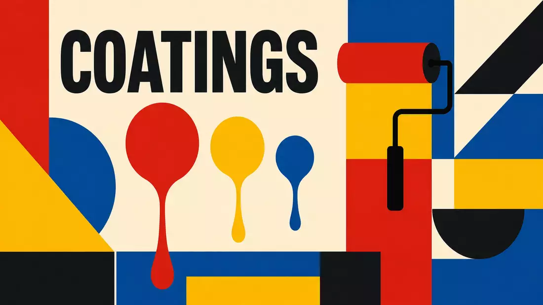 Geometrisches Bauhaus-Poster mit Farbroller und dem Wort COATINGS
