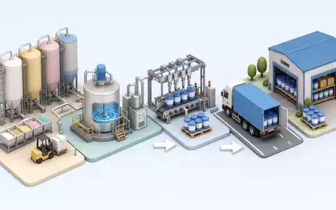 Isometrische 3D-Grafik der Wertschöpfungskette veranschaulicht PPG Industries Inc. Produktionsprozess, ISIN US6935061076, Rohstoff bis Lieferung - Foto: THN