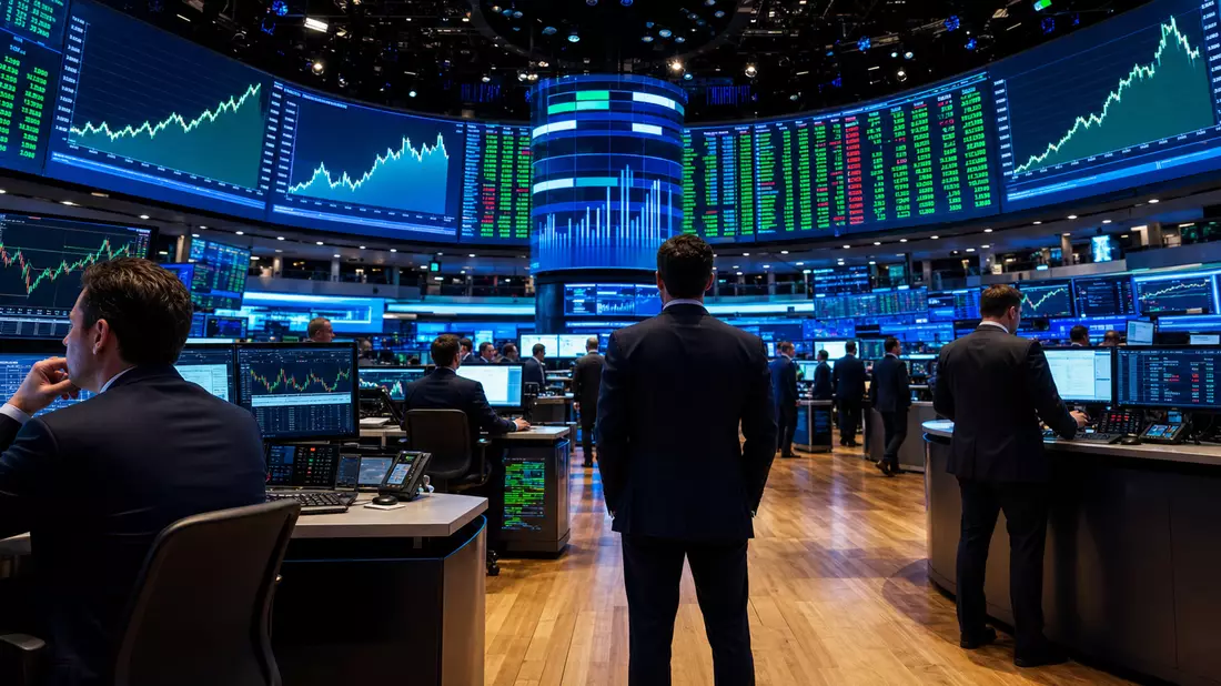 Editorial-Aufnahme eines Trading-Floors mit großen Kursdisplays und Händlern