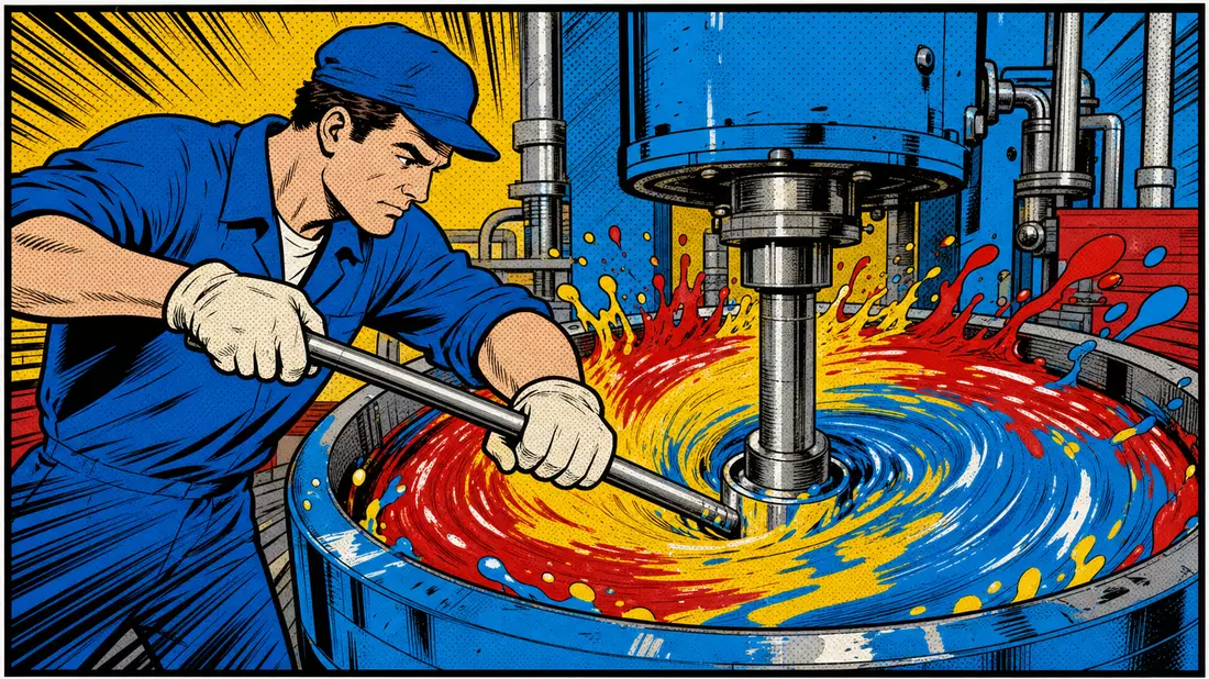 Pop-Art-Comic eines Arbeiters an einer bunten Farbmisch-Maschine
