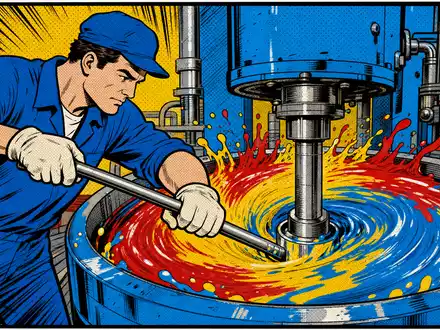 Pop-Art-Comic zeigt Arbeiter beim Farbmischen als Symbol für PPG Industries Inc., ISIN US6935061076, stilisierte Beschichtungsindustrie-Szene - Foto: THN