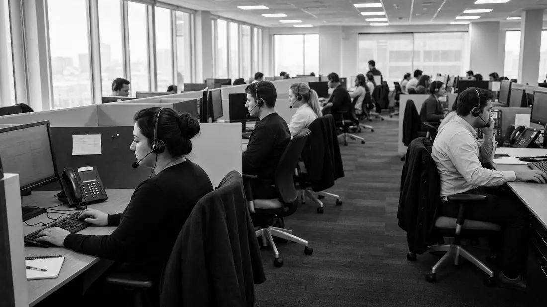 Schwarzweißaufnahme eines belebten Versicherungs-Callcenters mit Agenten am Telefon