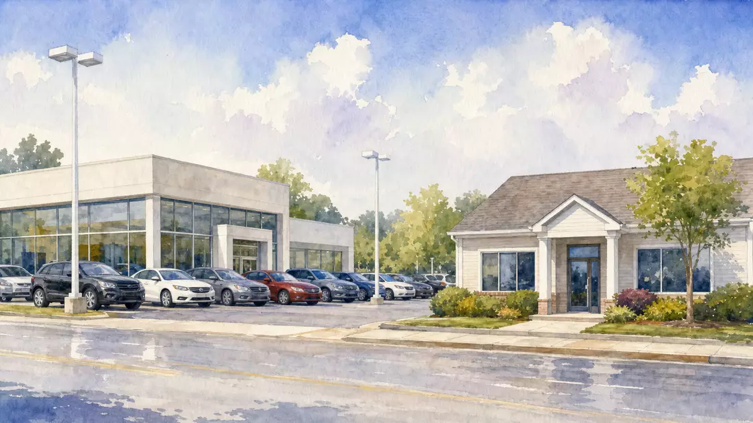 Aquarellbild einer amerikanischen Vorstadtstraße mit Autohaus und kleinem Bürogebäude
