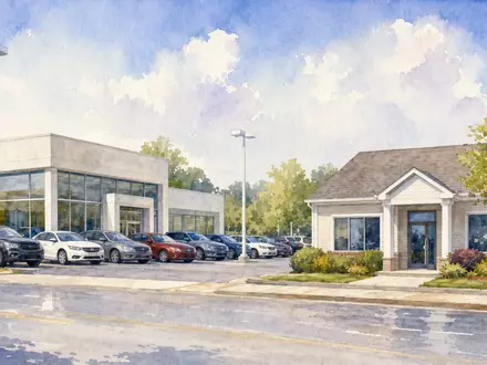 Progressive Corp US7433151039 präsentiert Aquarellmalerei einer amerikanischen Vorstadtstraße mit Autohaus und kleinem Versicherungsbüro - Foto: THN