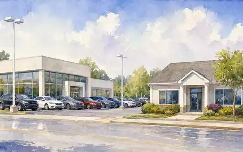 Progressive Corp US7433151039 präsentiert Aquarellmalerei einer amerikanischen Vorstadtstraße mit Autohaus und kleinem Versicherungsbüro - Foto: THN