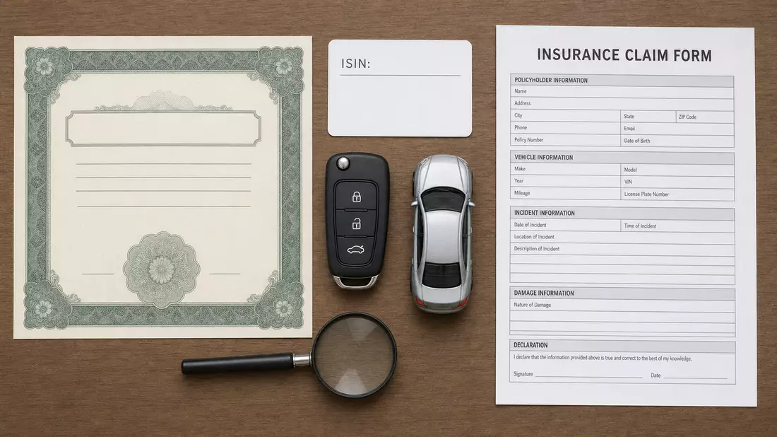 Flatlay-Anordnung mit Aktienzertifikat, ISIN-Karte, Autoschlüssel und Schadenformular