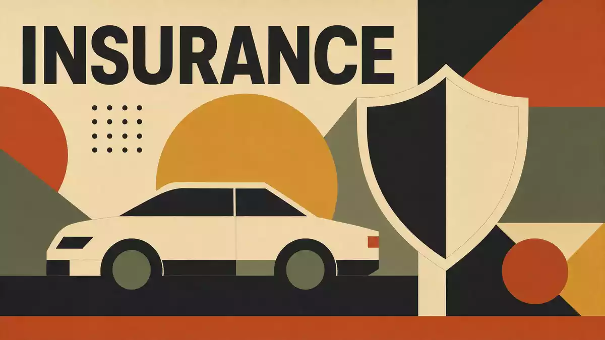Bauhaus-Poster mit geometrischen Formen, Auto-Silhouette und Schriftzug INSURANCE
