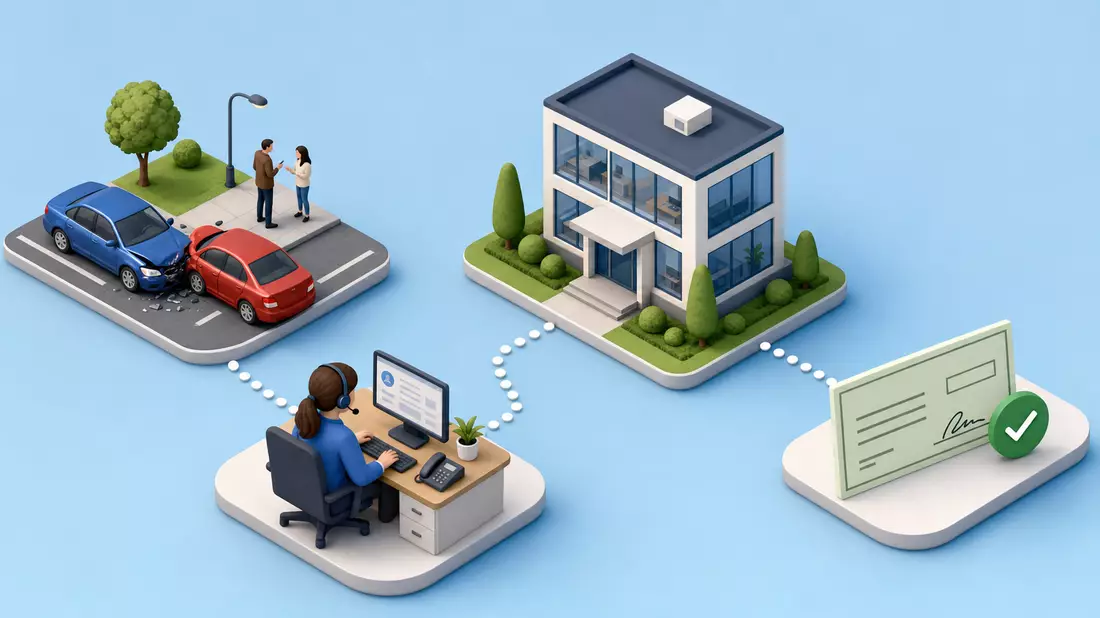 Isometrisches 3D-Diagramm mit Unfallszene, Bürogebäude, Callcenter und Auszahlungsscheck