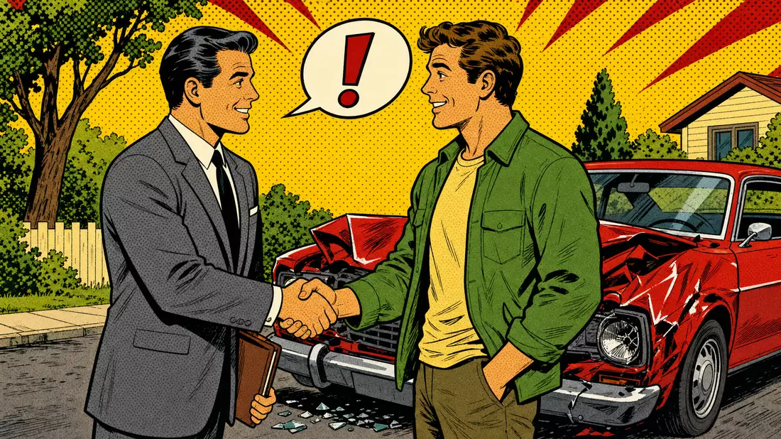 Pop-Art-Comic mit Versicherungsagent und Autobesitzer beim Handschlag vor beschädigtem Auto