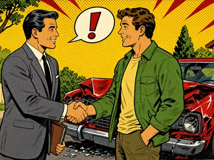 Progressive Corp US7433151039 zeigt Pop-Art-Comicszene eines Versicherungsagenten mit Kunde vor beschädigtem Unfallwagen - Foto: THN