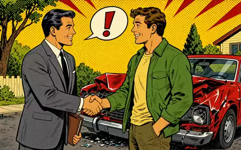 Progressive Corp US7433151039 zeigt Pop-Art-Comicszene eines Versicherungsagenten mit Kunde vor beschädigtem Unfallwagen - Foto: THN