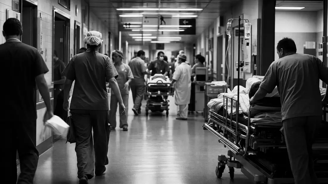 Dokumentarische Schwarzweißaufnahme eines belebten Krankenhausflurs mit Pflegepersonal