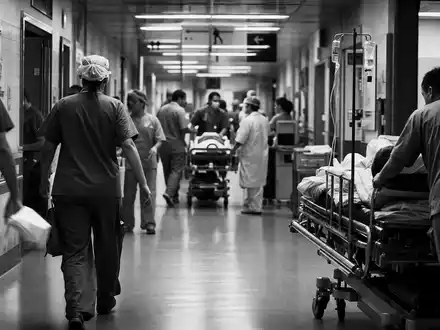 Schwarzweiß-Reportage zeigt Krankenhausflur für Universal Health, Aktie ISIN US9139031002, Pflegepersonal im hektischen Klinikalltag - Foto: THN
