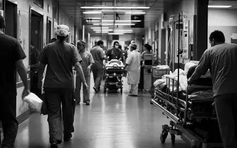 Schwarzweiß-Reportage zeigt Krankenhausflur für Universal Health, Aktie ISIN US9139031002, Pflegepersonal im hektischen Klinikalltag - Foto: THN