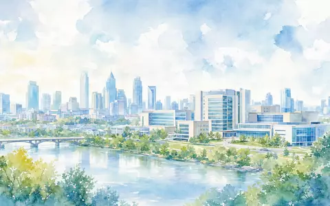 Aquarellbild einer Stadt mit Gesundheitscampus zeigt Universal Health, Aktie ISIN US9139031002, sanfte Farben urban - Foto: THN