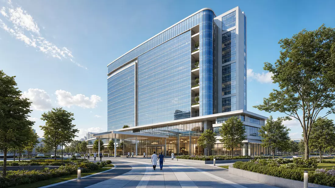 Architektonischer Render eines modernen Klinikturms mit Glasfassade und Grünflächen
