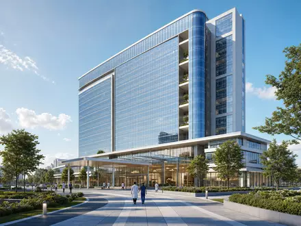 Architektur-Render eines Klinikturms symbolisiert Universal Health, Aktie ISIN US9139031002, moderne Glasfassade mit Terrassen - Foto: THN