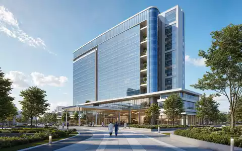 Architektur-Render eines Klinikturms symbolisiert Universal Health, Aktie ISIN US9139031002, moderne Glasfassade mit Terrassen - Foto: THN