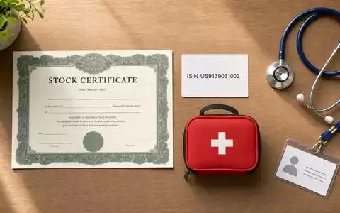 Flatlay mit Aktienzertifikat und ISIN-Karte zeigt Universal Health, Aktie ISIN US9139031002, dazu Stethoskop und Erste-Hilfe-Set - Foto: THN