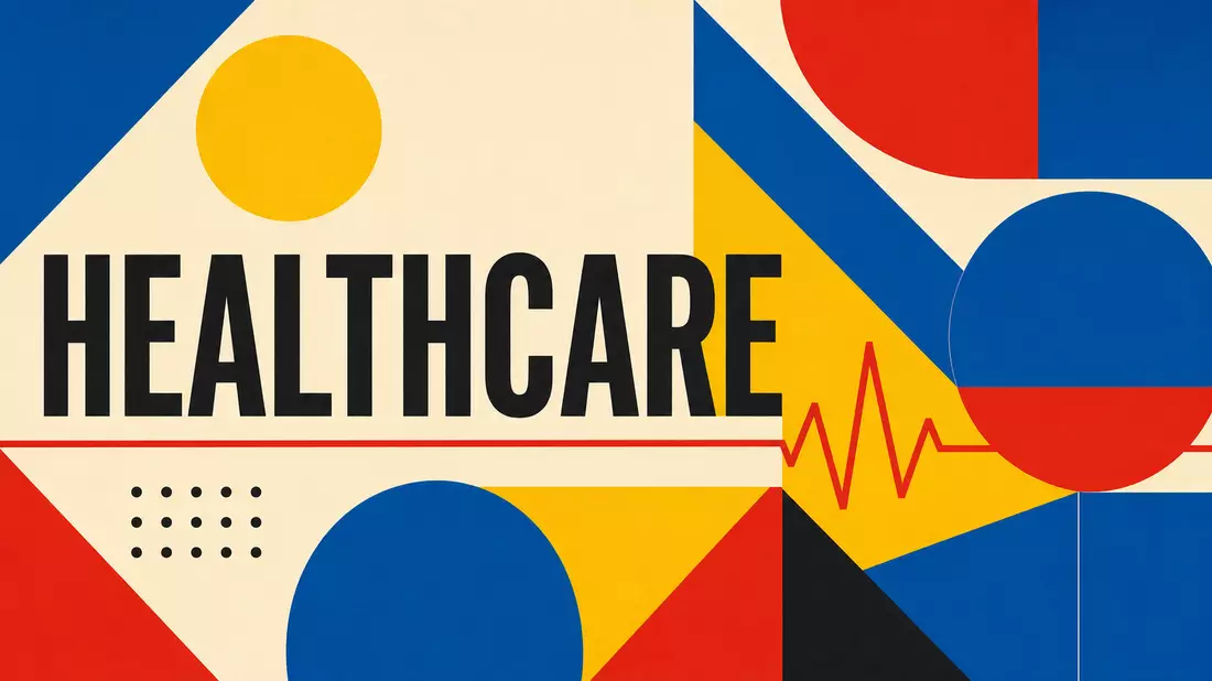 Geometrisches Bauhaus-Poster mit Farbflächen, Pulslinie und Schriftzug HEALTHCARE