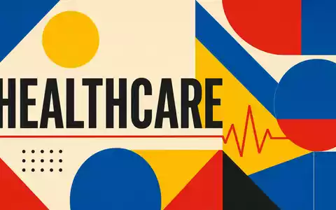 Bauhaus-Poster mit geometrischen Formen und Schriftzug HEALTHCARE steht für Universal Health, Aktie ISIN US9139031002 - Foto: THN
