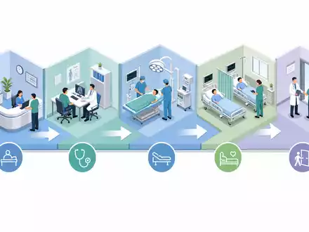 Isometrische 3D-Grafik zeigt Behandlungsprozess passend zu Universal Health, Aktie ISIN US9139031002, von Aufnahme bis Entlassung - Foto: THN