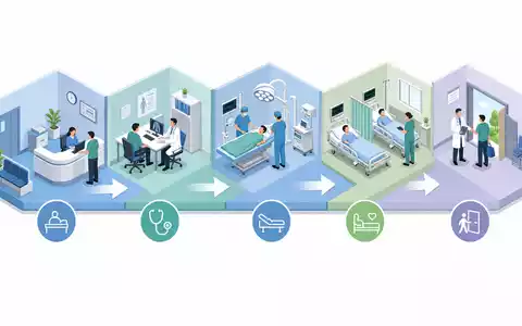 Isometrische 3D-Grafik zeigt Behandlungsprozess passend zu Universal Health, Aktie ISIN US9139031002, von Aufnahme bis Entlassung - Foto: THN