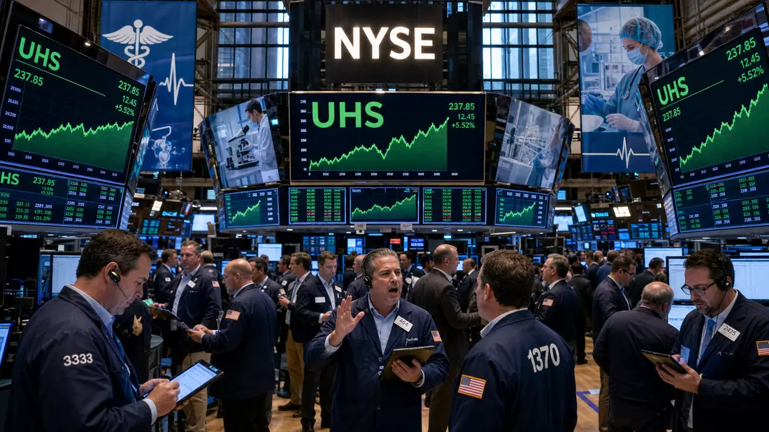 Trading-Floor der NYSE mit Kurscharts und Händlern im Gesundheitssektor