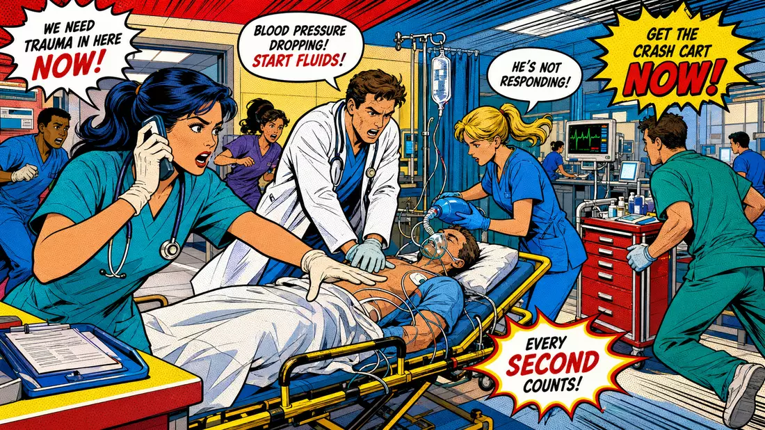 Farbenfrohe Comic-Szene einer dramatischen Notaufnahme mit Ärzten und Pflegekräften
