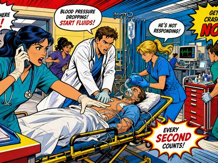 Pop-Art-Comic zeigt dramatische Notaufnahme-Szene passend zu Universal Health, Aktie ISIN US9139031002, mit Ärzten und Pflegekräften - Foto: THN