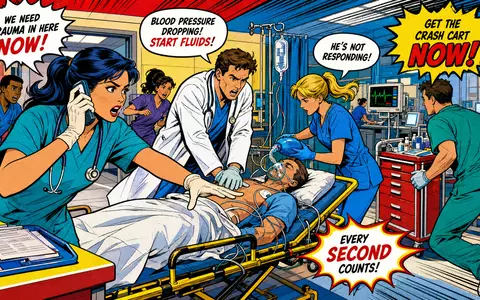 Pop-Art-Comic zeigt dramatische Notaufnahme-Szene passend zu Universal Health, Aktie ISIN US9139031002, mit Ärzten und Pflegekräften - Foto: THN