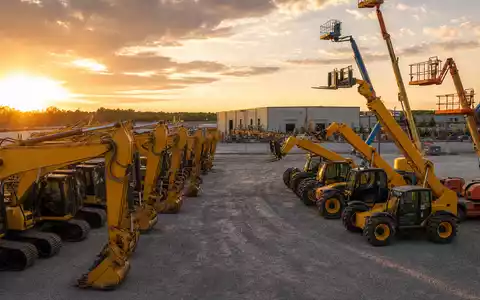 United Rentals Inc. (US9113631090) betreibt riesige Vermietungsplätze mit unbedruckten gelben Baggern und Hebebühnen bei Sonnenuntergang - Foto: THN