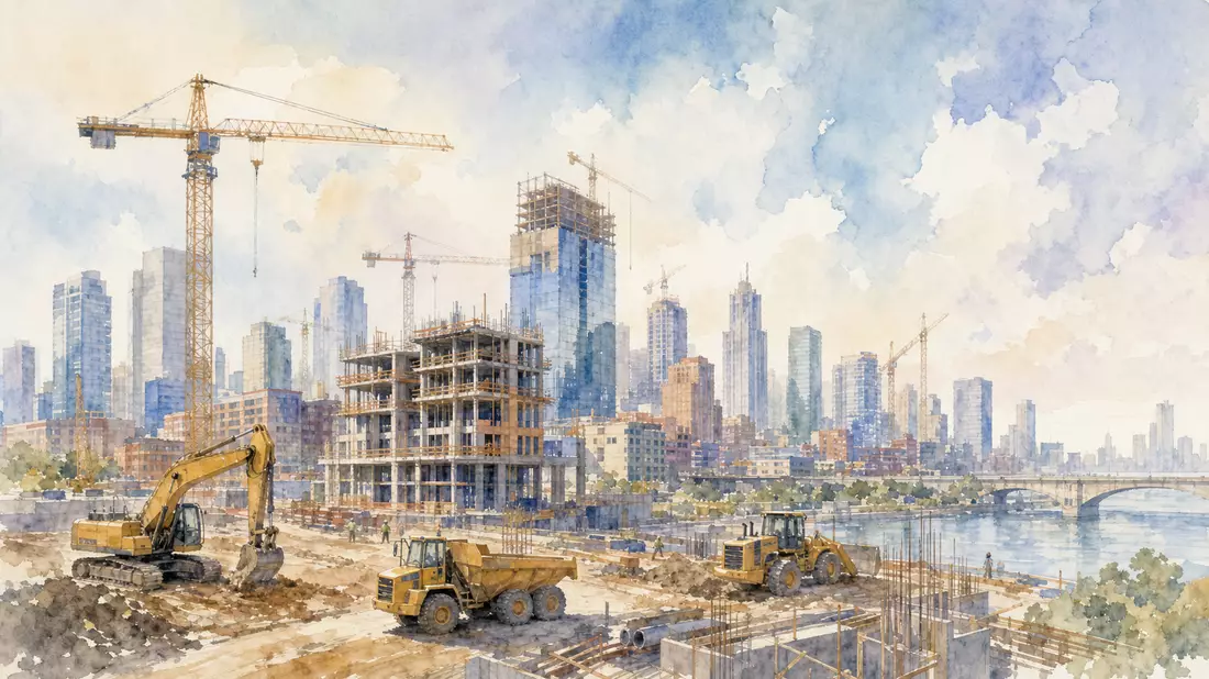 Aquarellmalerei einer Stadtskyline mit Baukränen und gelben Baumaschinen