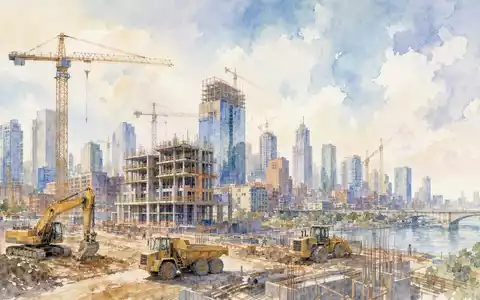 United Rentals Inc. (US9113631090) unterstützt Bauprojekte, dargestellt als Aquarell einer Skyline mit unbedruckten gelben Baumaschinen - Foto: THN