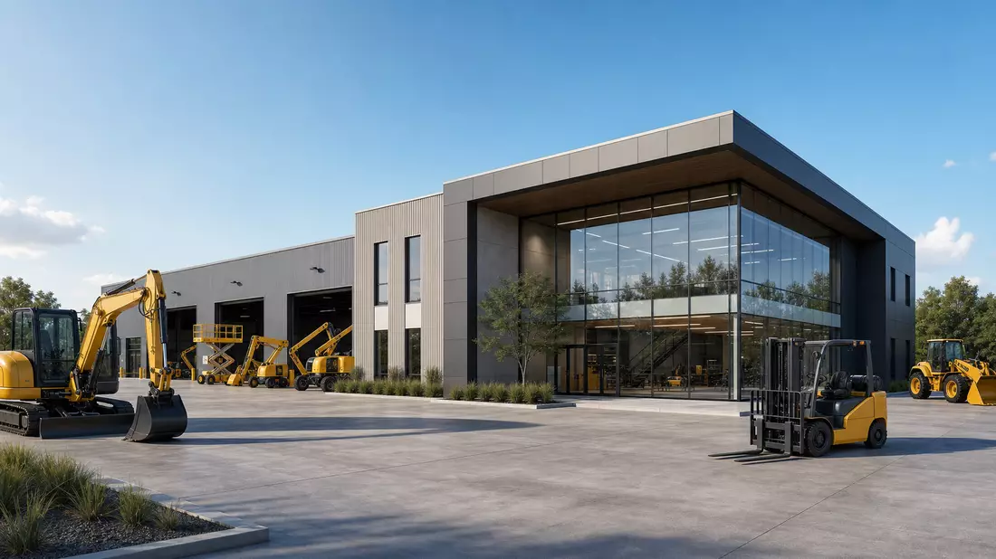Architektur-Rendering einer modernen Vermietungsniederlassung mit gelben Baumaschinen