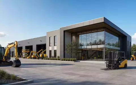 United Rentals Inc. (US9113631090) betreibt moderne Niederlassungen, gezeigt als Architektur-Render mit unbedruckten gelben Maschinen davor - Foto: THN