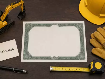 United Rentals Inc. (US9113631090) symbolisiert dieses Flatlay mit Aktienzertifikat, ISIN-Karte und Baustellen-Utensilien auf Holztisch - Foto: THN