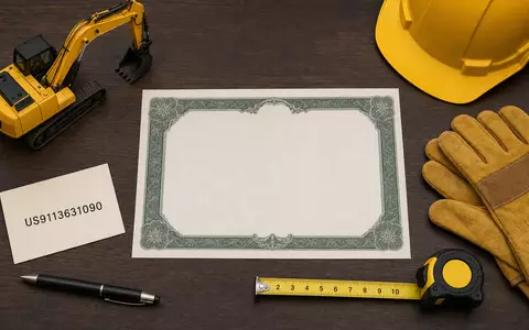 United Rentals Inc. (US9113631090) symbolisiert dieses Flatlay mit Aktienzertifikat, ISIN-Karte und Baustellen-Utensilien auf Holztisch - Foto: THN