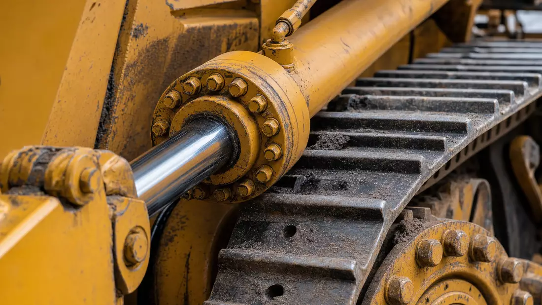 Makroaufnahme eines Hydraulikzylinders und Kettenlaufwerks einer Baumaschine