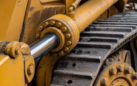 United Rentals Inc. (US9113631090) vermietet Schwermaschinen, im Makrobild sichtbar Hydraulikzylinder und Kettenlaufwerk aus Stahl - Foto: THN