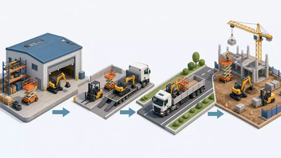Isometrische 3D-Illustration der Wertschöpfungskette einer Baumaschinen-Vermietung