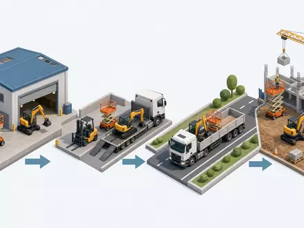United Rentals Inc. (US9113631090) organisiert Logistik, dargestellt als isometrische 3D-Grafik der Vermietungs-Wertschöpfungskette - Foto: THN