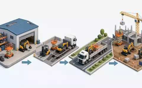 United Rentals Inc. (US9113631090) organisiert Logistik, dargestellt als isometrische 3D-Grafik der Vermietungs-Wertschöpfungskette - Foto: THN